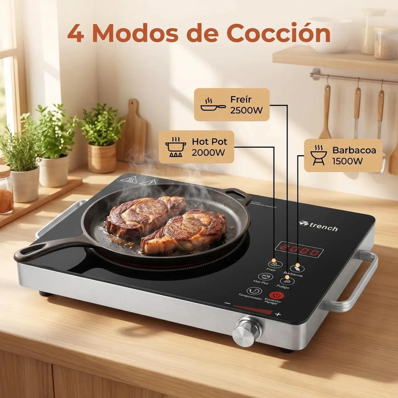 Parrilla de Inducción Trench Portátil con 1 Quemador Negro y Temporizador