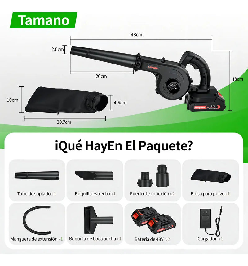 Soplador Aspiradora Inalámbrica 850W con 2 Baterías 4 en 1