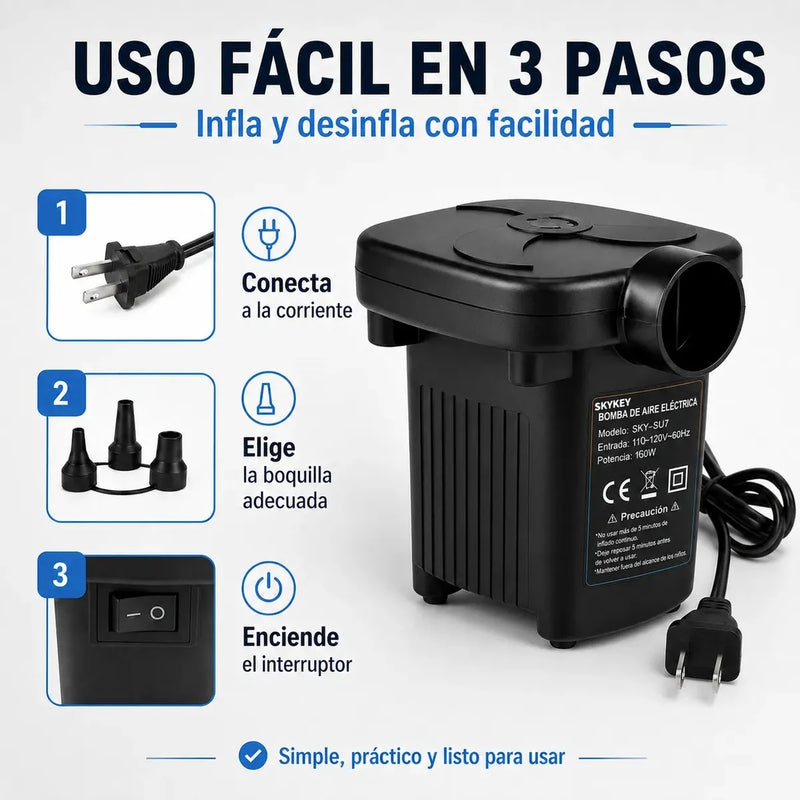 inflador electrico 160 W con 3 boquillas