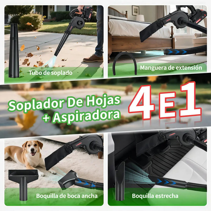 Soplador Aspiradora Inalámbrica 850W con 2 Baterías 4 en 1