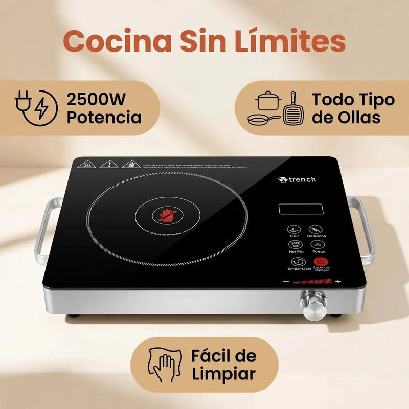 Parrilla de Inducción Trench Portátil con 1 Quemador Negro y Temporizador