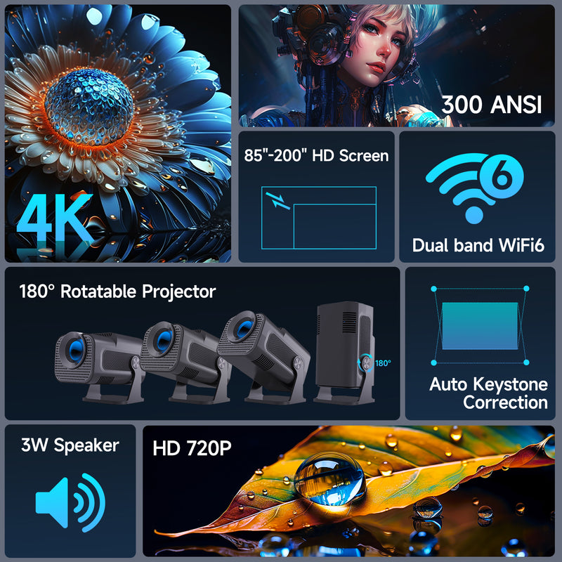 Proyector Portátil HY320 Pro Android 11 720P 300ANSI 180°