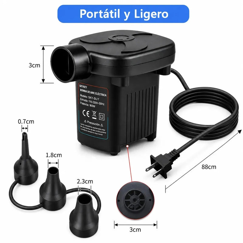 inflador electrico 160 W con 3 boquillas