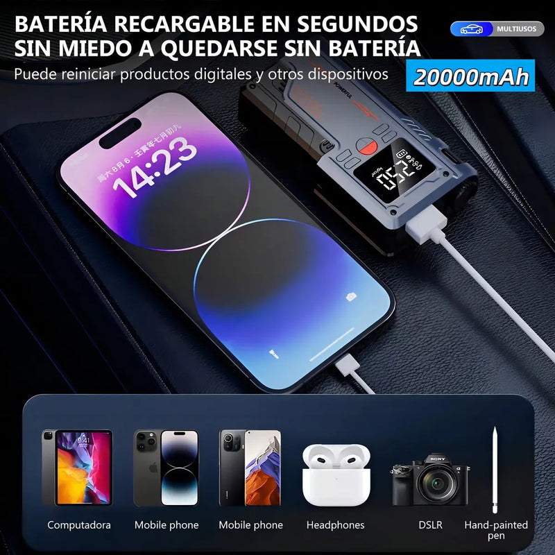 Arrancador de Batería/Compresor De Aire 12V Portátil 150PSI con Pantalla Digital