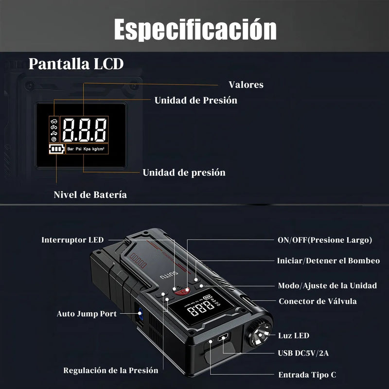 Arrancador de Batería/Compresor De Aire 12V Portátil 150PSI con Pantalla Digital
