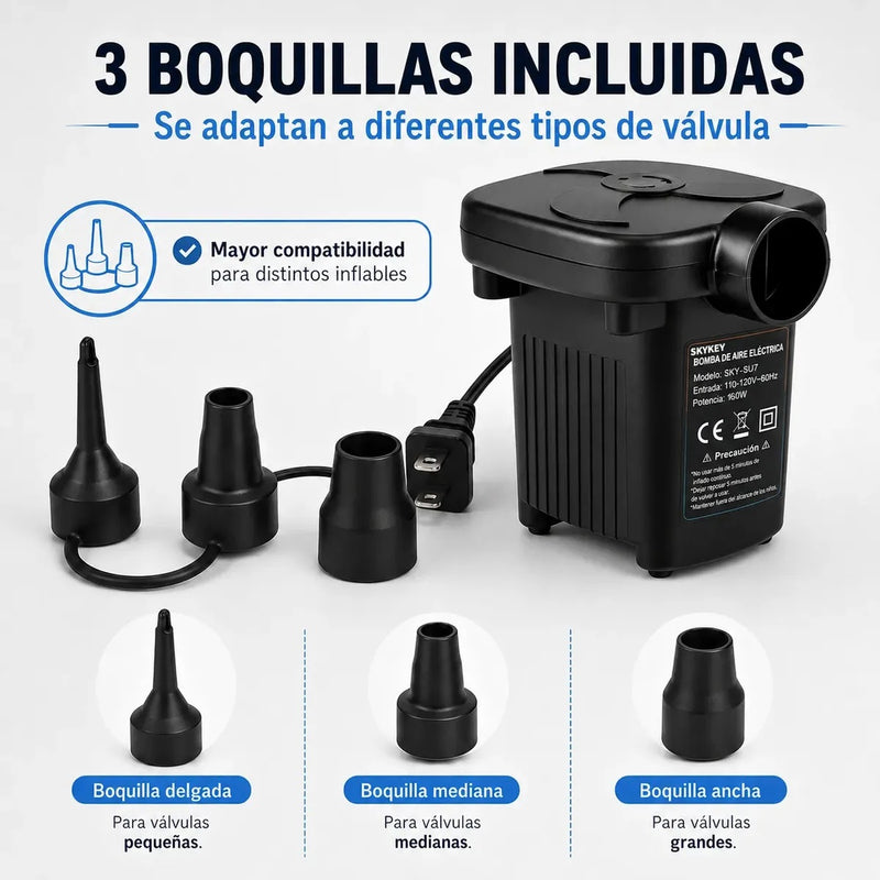 inflador electrico 160 W con 3 boquillas