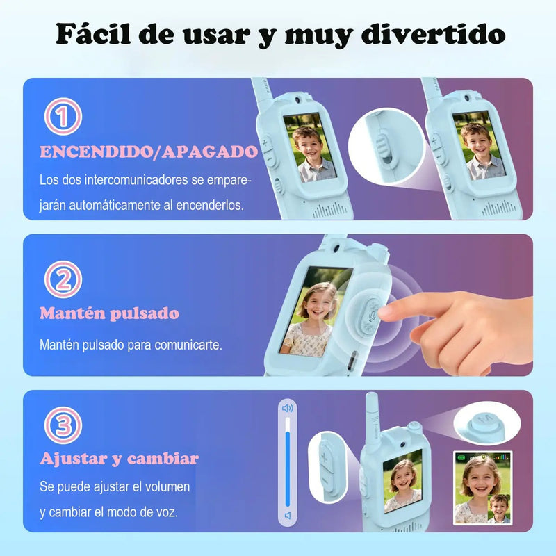 Walkie Talkie para Niños Pack de 2 con Video Recargable y Pantalla