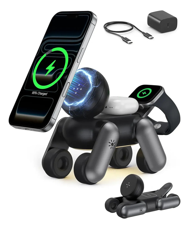 Cargador Inalámbrico 3 en 1 Robot Estación Perro Robot con Lámpara para Apple