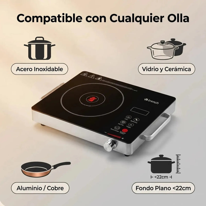 Parrilla de Inducción Trench Portátil con 1 Quemador Negro y Temporizador