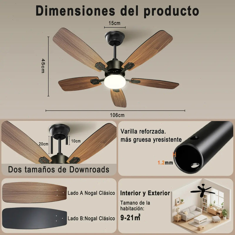 Ventilador de Techo Moderno con Luces LED de 5 Aspas