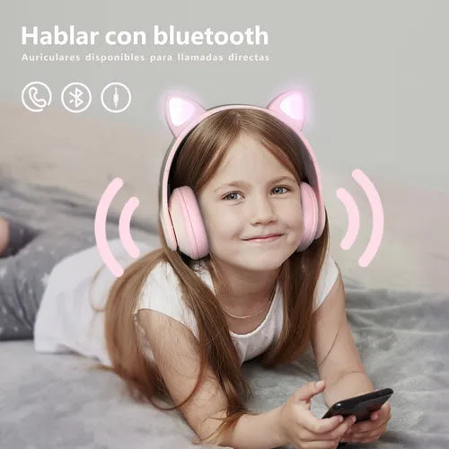 Audífonos de Orejas de Gato con Bluetooth y Luz LED