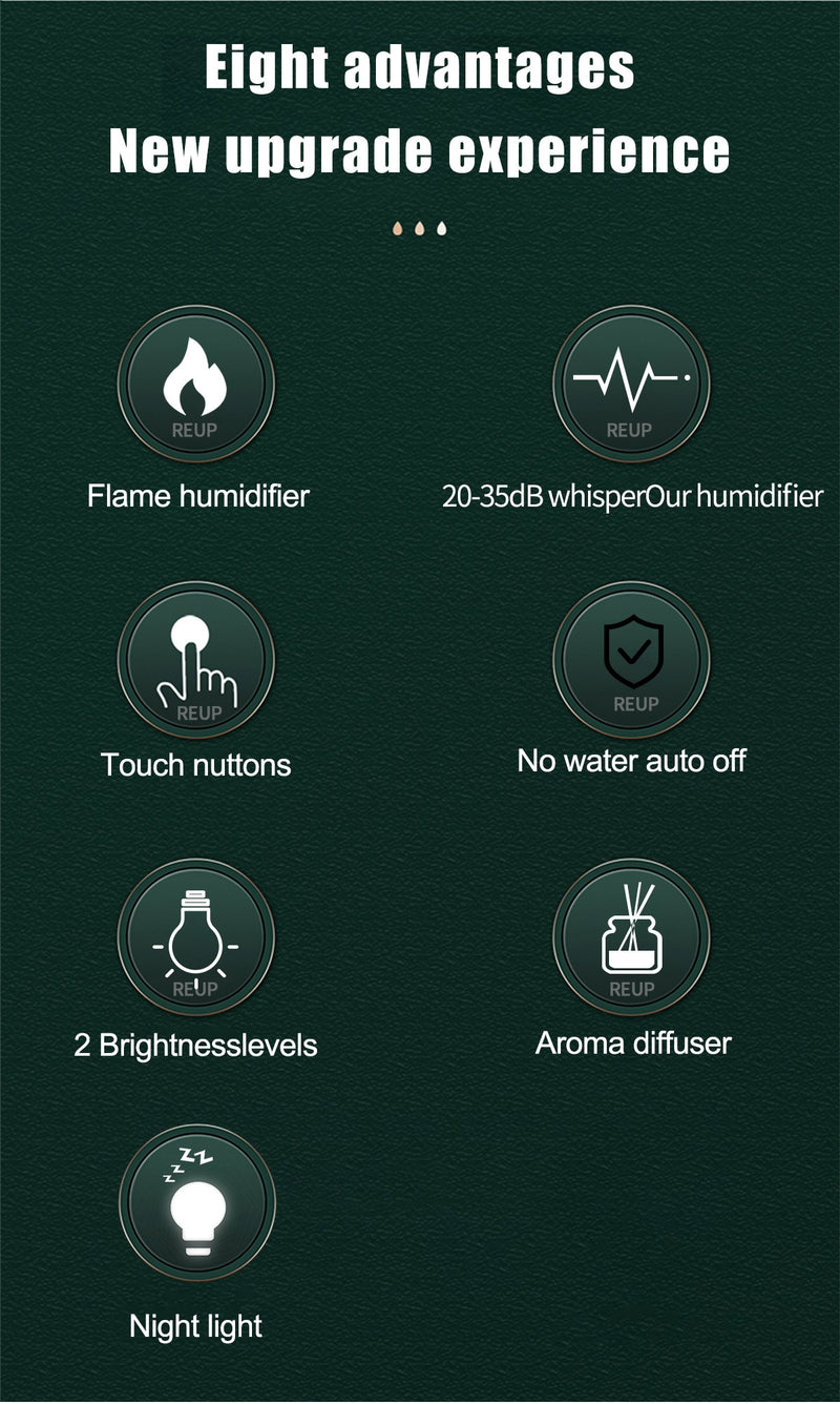 Difusor de Aroma de Llama Generador de Niebla Fría Reup LED